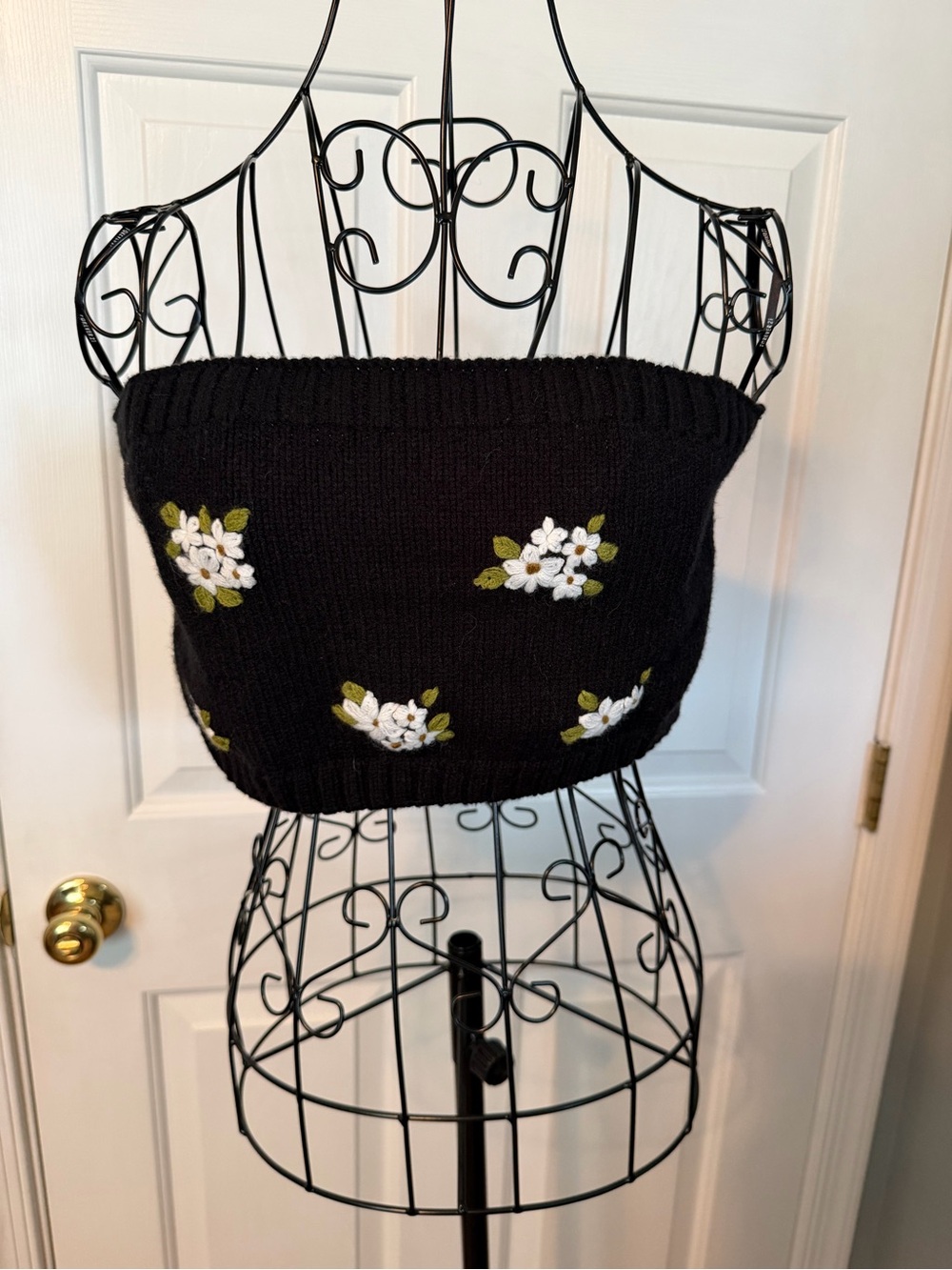 Forever 21 Black Strapless Knit Tube Top with White Floral Embroidery